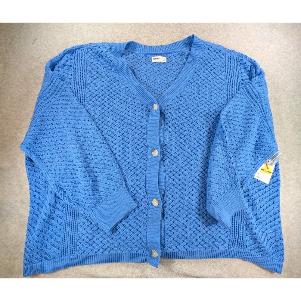 Sonoma Women's Blue V-neck Crochet Cardigan Button Front Long Sleeve Size 3X - Picture 2 of 9